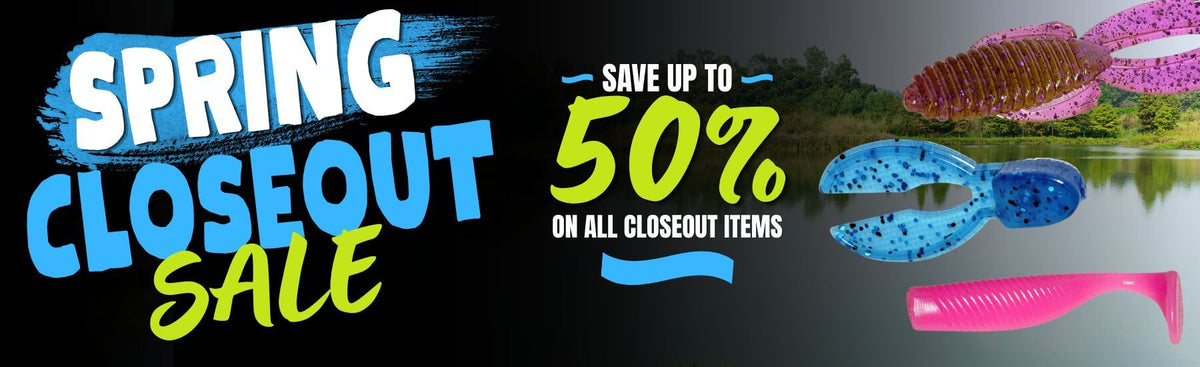 Spring Closeout Sale - deals on bass fishing soft baits, jigs, and tackle.